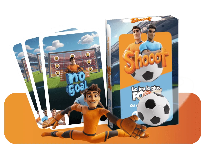 Les cartes Shooot en éventail devant la boîte, avec le gardien orange qui plonge
