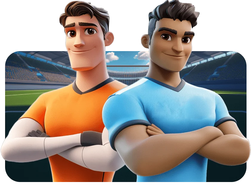 Les deux joueurs Shooot, maillot orange et maillot bleu, bras croisés dans le stade