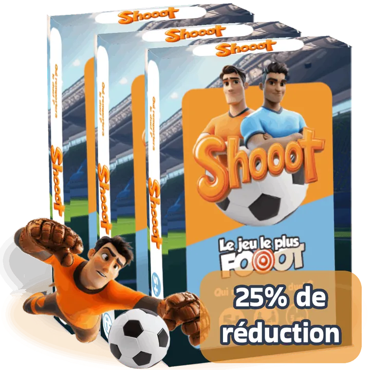 Trois boîtes Shooot et le gardien qui arrête le ballon, mention 25 % de réduction